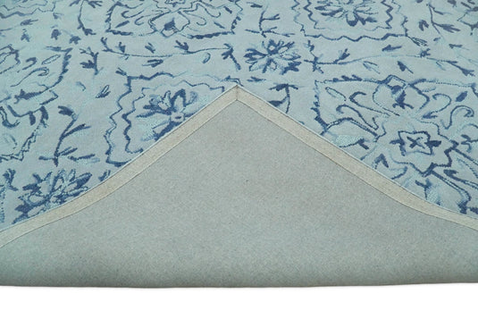 Hand Tufted Damask Pattern Blue And Gray Wool Rug 5x8 ft Ideal for Living, Bedroom And Dining Rooms