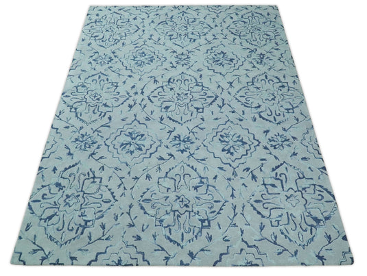 Hand Tufted Damask Pattern Blue And Gray Wool Rug 5x8 ft Ideal for Living, Bedroom And Dining Rooms