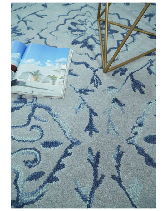 Hand Tufted Damask Pattern Blue And Gray Wool Rug 5x8 ft Ideal for Living, Bedroom And Dining Rooms