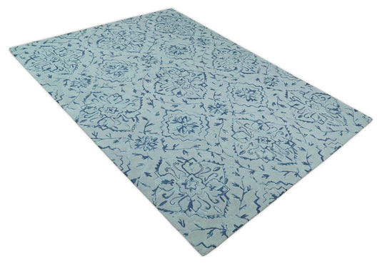 Hand Tufted Damask Pattern Blue And Gray Wool Rug 5x8 ft Ideal for Living, Bedroom And Dining Rooms