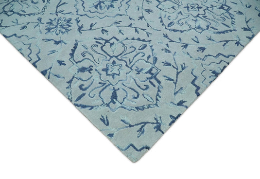 Hand Tufted Damask Pattern Blue And Gray Wool Rug 5x8 ft Ideal for Living, Bedroom And Dining Rooms