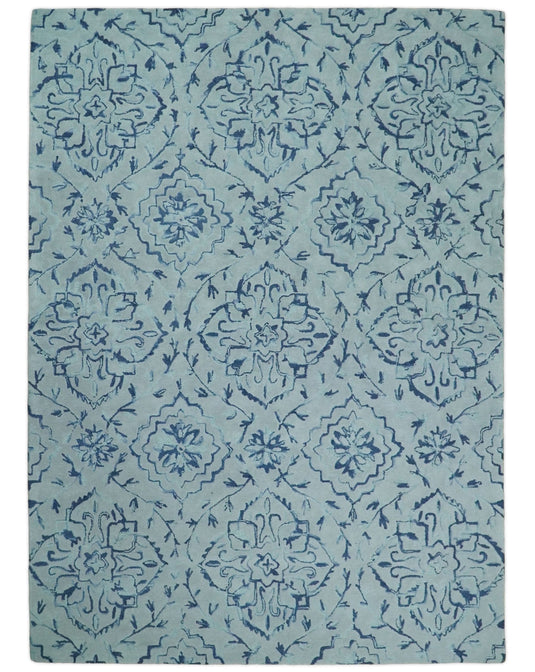 Hand Tufted Damask Pattern Blue And Gray Wool Rug 5x8 ft Ideal for Living, Bedroom And Dining Rooms