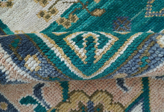 Traditional Khotan Design Beige And Teal 8x10 ft Hand Knotted Wool Area Rug