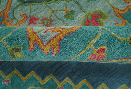 Custom Made Traditional Floral And Botanical Pattern Green, Blue And Yellow Hand Tufted Wool Area Rug