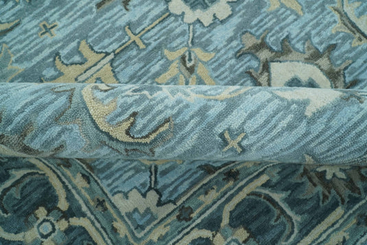 Custom Made Traditional Floral Aqua, Gray and Beige Hand Tufted Wool Area Rug
