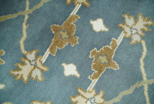 8x10 Blue, Ivory and Beige Hand Knotted Oriental Oushak Wool Area Rug