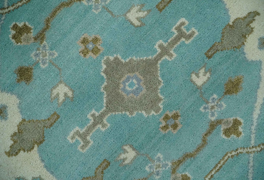 8x10 Aqua, Ivory and Charcoal Hand Knotted Oriental Oushak Wool Area Rug