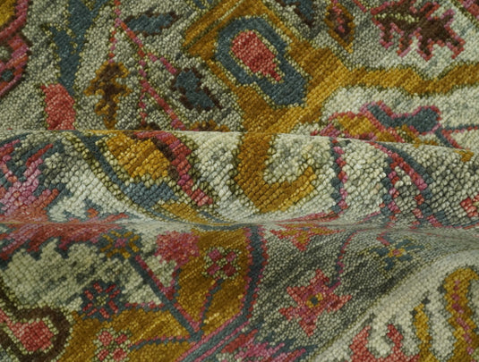 Custom Made Green, Pink, Gold And Silver Traditional Hand Knotted Wool Area Rug