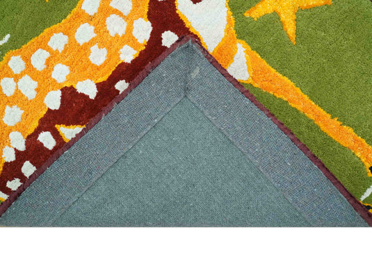 Reindeer Green, Gold And Brown Hand Tufted 2x3 ft Bedroom, Kids Room Rug Wool Area Rug