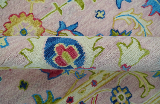 Light Pink, Blue And Ivory Traditional Oushak Hand Tufted 8x10 ft Bedroom, Living Room Rug Wool Area Rug