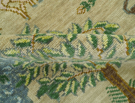 Nature Vintage Style Beige And Blue Hand Knotted 9x12 ft Wool Rug Ideal for Living, Bedroom And Dining Rooms