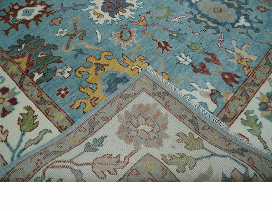Vibrant Colorful Light Blue and Ivory Traditional Floral Hand knotted Oushak wool Area Rug