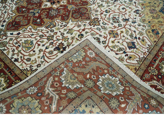 Premium look Hand knotted Ivory, Rust and Gold 8x10 Traditional Heriz Serapi wool Area Rug