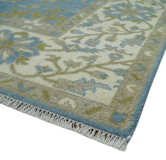 Traditional Persian Oushak Hand knotted Blue, Ivory and Olive 8x10 wool Area Rug