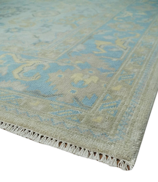 Traditional Persian Floral Oushak Hand knotted Ivory, Blue and Beige 8x10 wool Area Rug