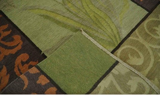 Traditional Leaf Block Print Design Brown, Green, Rust and Olive Handloomed 5x8 ft Bedroom, Living Room Rug Wool Area Rug