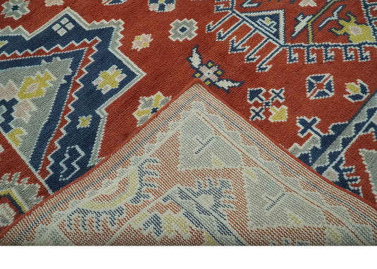 Tribal Pattern Rust, Blue and Silver Hand Knotted 8x10 ft wool Area Rug