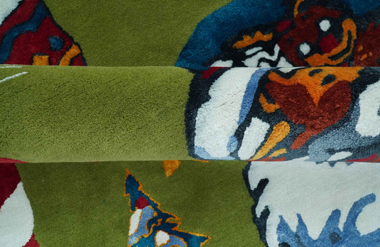 Colorful Christmas Theme Green, Gold, Blue, White And Red Hand Tufted 2x3 ft Bedroom, Kids Room Rug Wool Area Rug