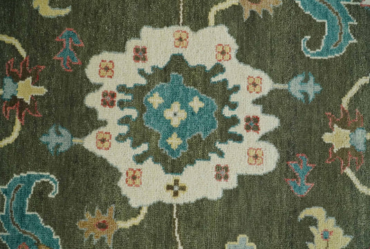 Traditional Oushak Green And Beige Hand Knotted Wool Rug 10x14 ft Ideal for Living, Bedroom And Dining Rooms