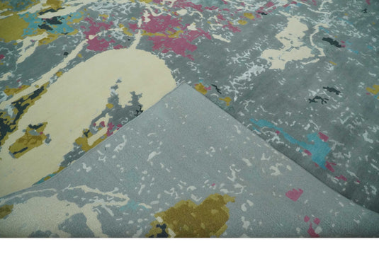 Colorful Abstract Gray, Olive, Ivory and Pink Hand Knotted 10x14 and 12x15 ft Bedroom, Living Room Rug Wool Area Rug