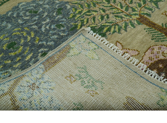 Nature Vintage Style Beige And Blue Hand Knotted 9x12 ft Wool Rug Ideal for Living, Bedroom And Dining Rooms
