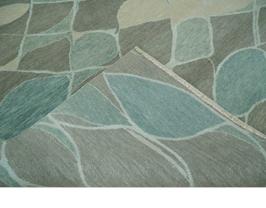 Contemporary Geometrical Pattern Hand knotted Charcoal, Green, Ivory and Blue 5x8 ft Bedroom, Living Room Rug Wool Area Rug