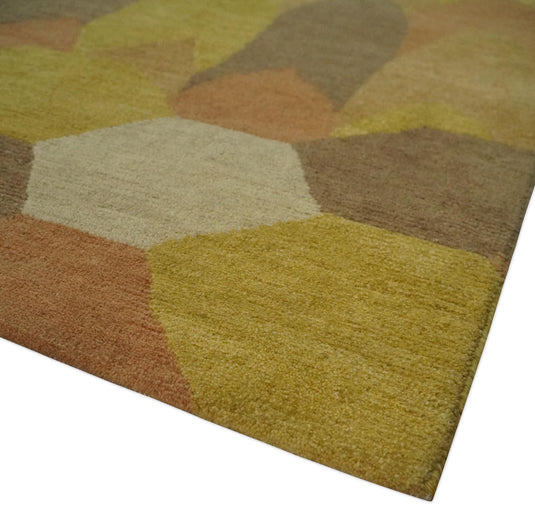 Modern Floral and Geometrical Pattern Hand knotted Yellow, Brown, orange and Ivory 4x6 ft Bedroom, Living Room Rug Wool Area Rug