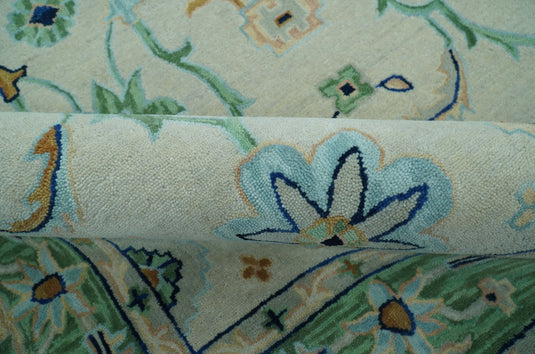 Custom Made Ivory, Green And Blue Floral Motifs Hand Tufted Wool Area Rug