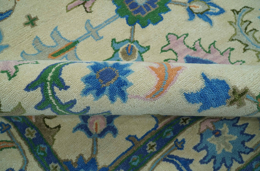 Custom Made Beige And Blue Traditional Floral Motifs Hand Tufted Wool Area Rug