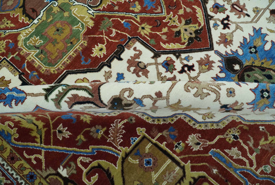 Hand Knotted Traditional Heriz Rust, Ivory, Blue, Green And Beige Wool Rug 9x12 ft Ideal for Living, Bedroom And Dining Rooms | CP2436912