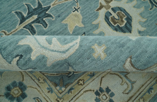 Custom Made Blue, Gray And Ivory Traditional Floral Motifs Hand Tufted Wool Area Rug