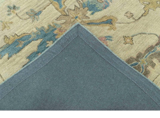 Custom Made Beige And Blue Traditional Oushak Design Hand Tufted Wool Area Rug