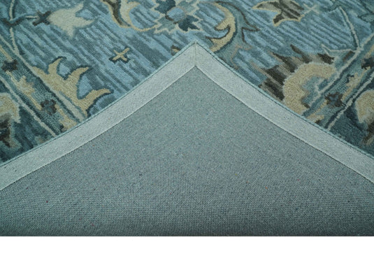 Custom Made Traditional Floral Aqua, Gray and Beige Hand Tufted Wool Area Rug
