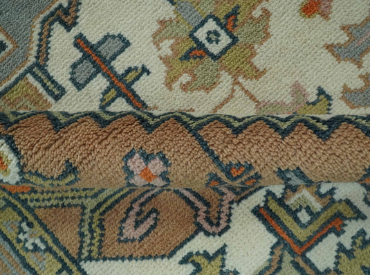 Traditional Medallion Pattern Ivory, Brown, Gray and Olive Hand Knotted 8x10 ft wool Area Rug