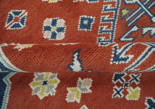 Tribal Pattern Rust, Blue and Silver Hand Knotted 8x10 ft wool Area Rug