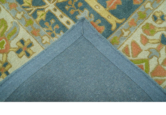 Traditional Tree of Life Teal And Beige Hand Tufted 8x10 ft Bedroom, Living Room Rug Wool Area Rug