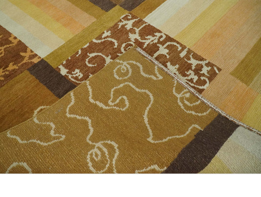 Modern Geometrical Floral pattern Hand Knotted Brown, Beige, Ivory and Olive 6x8 ft Bedroom, Living Room Rug Wool Area Rug