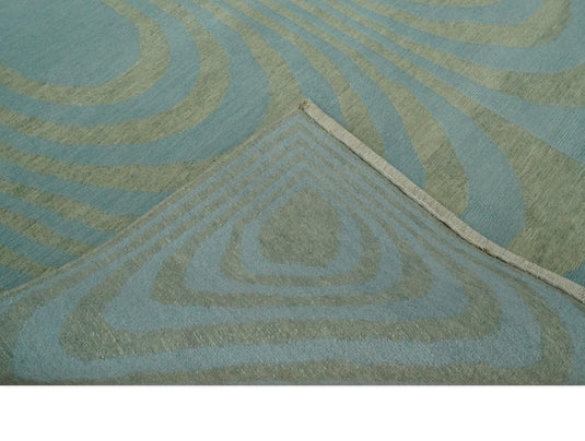 Modern geometrical Hand Knotted Olive and Blue 5x8 ft Bedroom, Living Room Rug Wool Area Rug