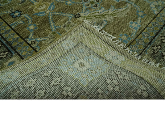 Custom Made Hand Knotted Green, Grey And Blue Traditional Floral Wool Area Rug