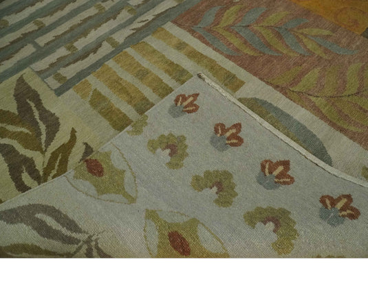 Floral Geometrical Hand Knotted Olive, Ivory, Brown and Teal 5x8 ft Bedroom, Living Room Rug Wool Area Rug
