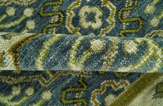Custom Made Traditional Motifs Blue And Olive Hand Knotted Wool Area Rug