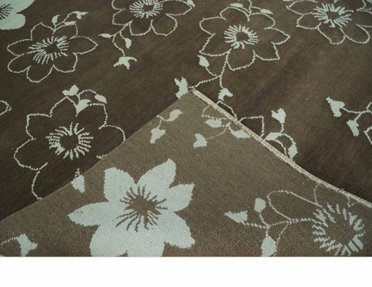 Floral Handloom Brown and Ivory 5.9x7.8 ft Bedroom, Living Room Rug Wool Area Rug