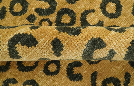 Golden-Brown And Charcoal Modern Leopard Hand Knotted Wool Rug 8x10 ft Ideal for Living, Bedroom And Dining Rooms