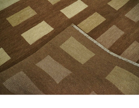Modern Geometrical Pattern Hand Knotted Brown, Beige and Ivory 4x6 ft Bedroom, Living Room Rug Wool and Art Silk Area Rug
