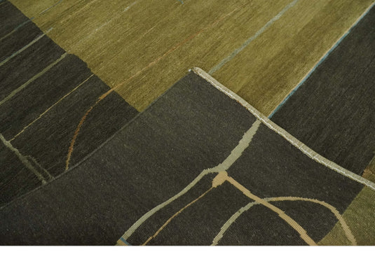 Modern Geometrical Hand Knotted Olive and Charcoal 5x8 ft Bedroom, Living Room Rug Wool and Viscose Area Rug