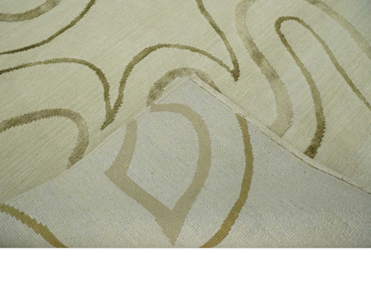 Swirl Pattern Hand Knotted Beige and Olive 5x8 ft Bedroom, Living Room Rug Wool and Art Silk Area Rug