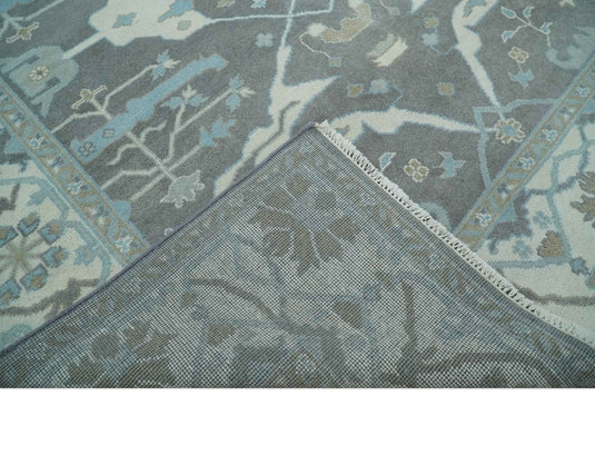Traditional Persian Oriental Oushak Hand knotted Charcoal, Ivory and aqua 8x10 wool Area Rug