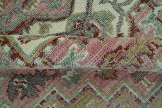 Custom Made Traditional Heriz Pink, Olive And Ivory Hand Knotted Wool Area Rug