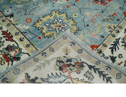 Vibrant Colorful Blue and Ivory Traditional Floral Hand knotted Oushak wool Area Rug