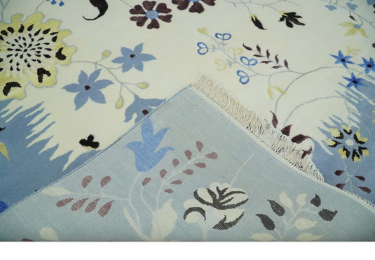 Floral Pattern Ivory, Light Blue, Brown And Charcoal Hand Knotted 6.6x10 ft Bedroom, Living Room Rug Wool Area Rug